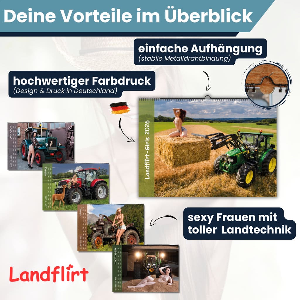 Landflirt Kalender 2026 – Traktor Wandkalender mit schönen Oldtimern und Frauen Bäuerinnen im DIN A3 Format. Geschenk zu Weihnachten