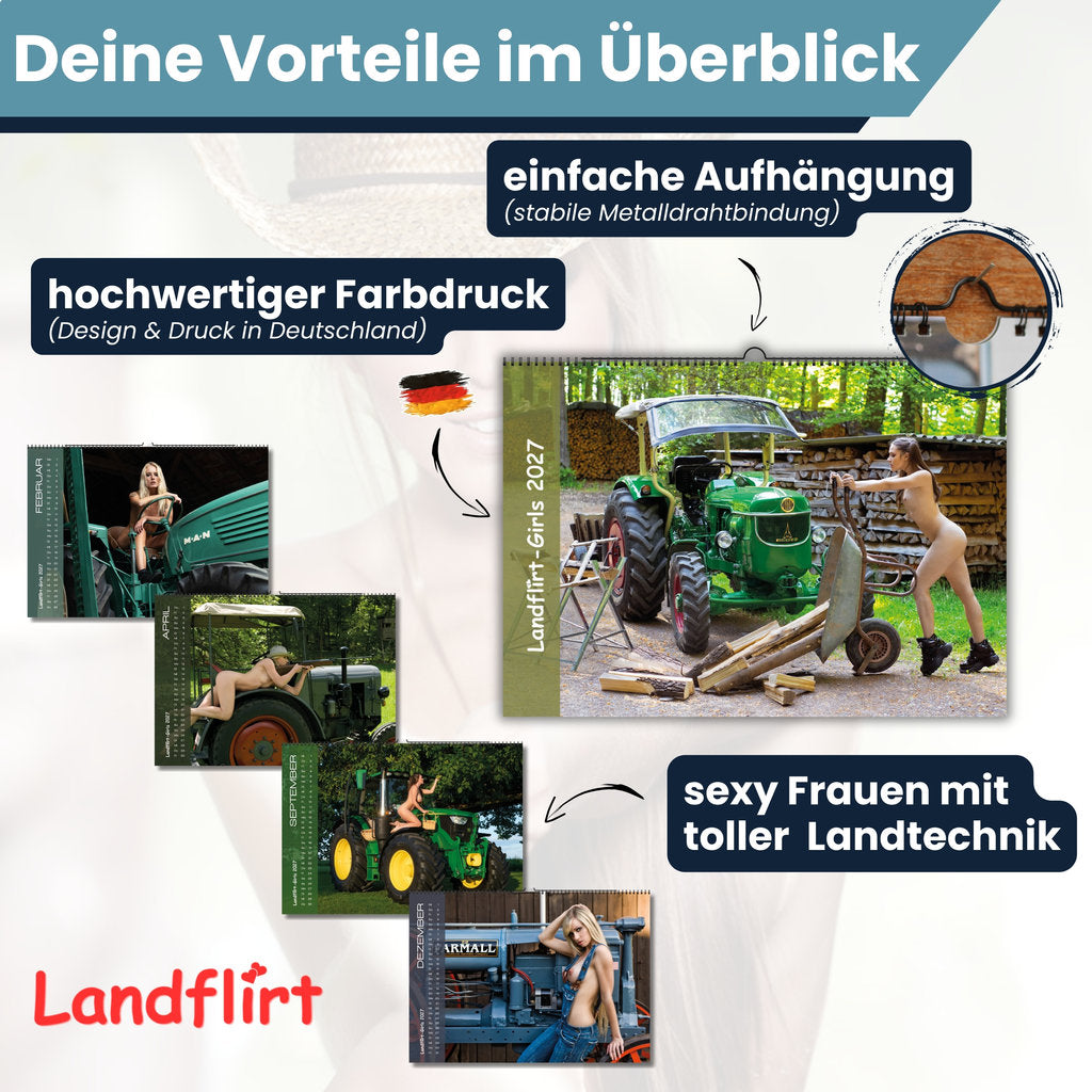 Landflirt Kalender 2027 – Traktor Wandkalender mit schönen Oldtimern und Frauen Bäuerinnen im DIN A3 Format. Geschenk zu Weihnachten