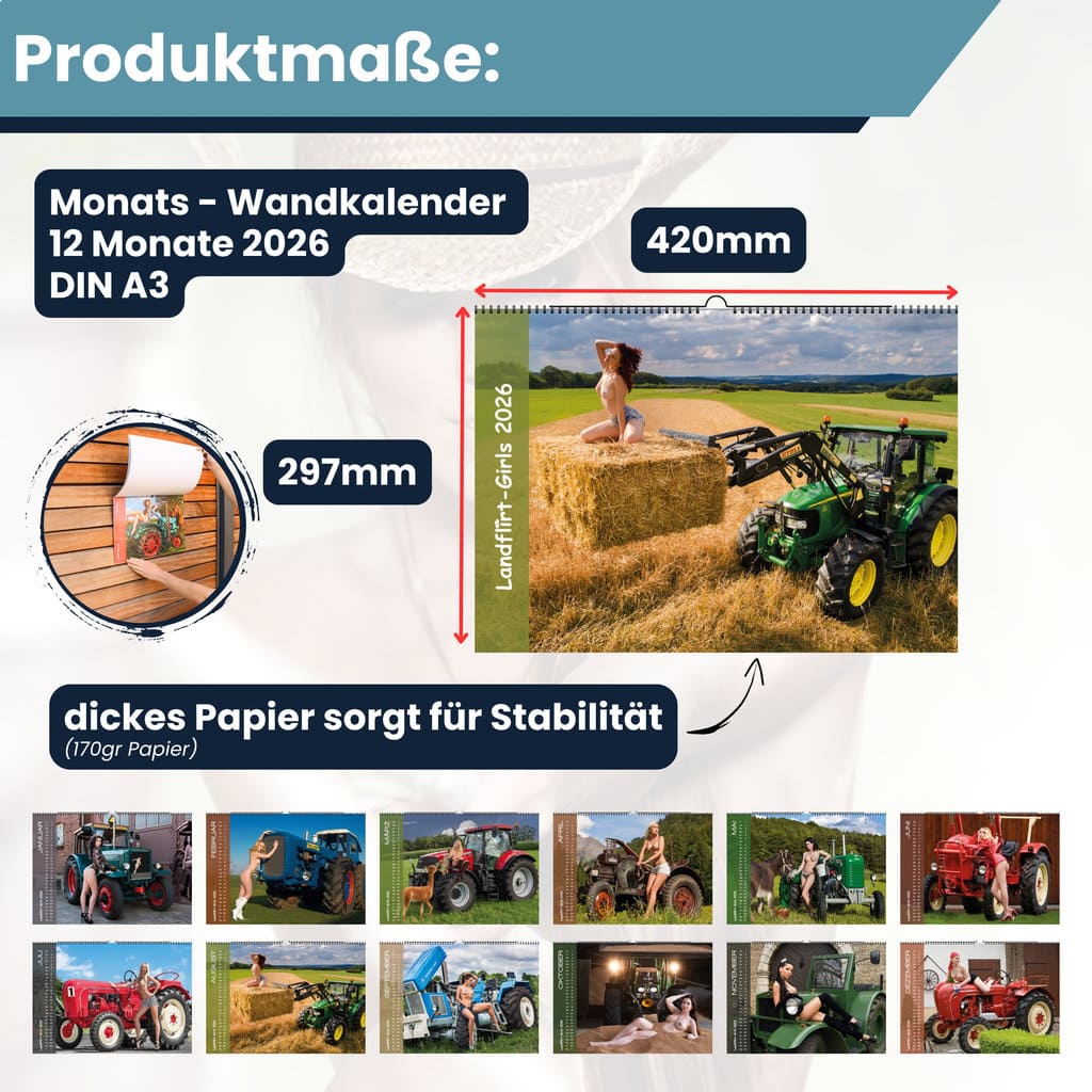 Landflirt Kalender 2026 – Traktor Wandkalender mit schönen Oldtimern und Frauen Bäuerinnen im DIN A3 Format. Geschenk zu Weihnachten