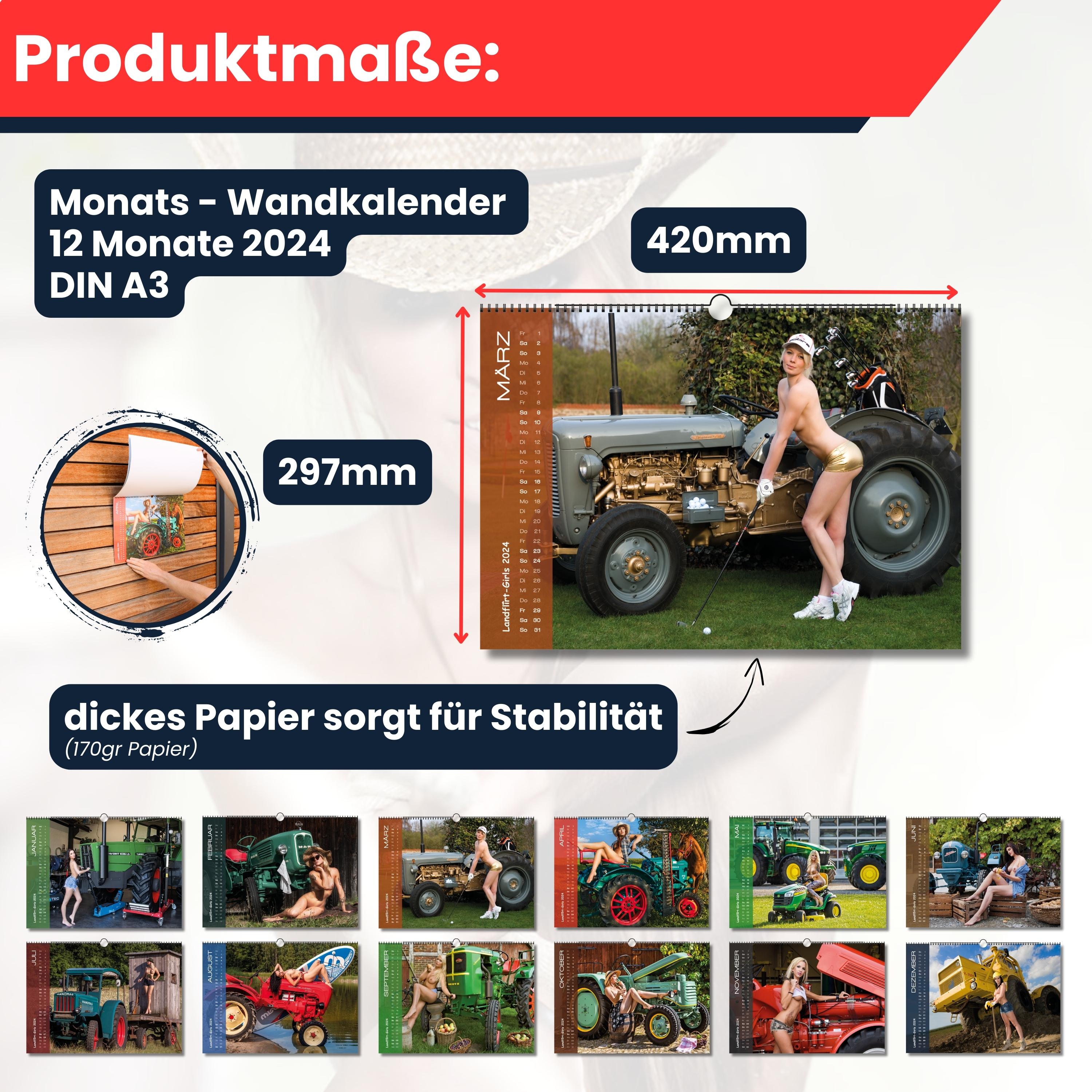 Landflirt Kalender 2024 – Traktor Wandkalender mit schönen Oldtimern und Frauen im DIN A3 Format