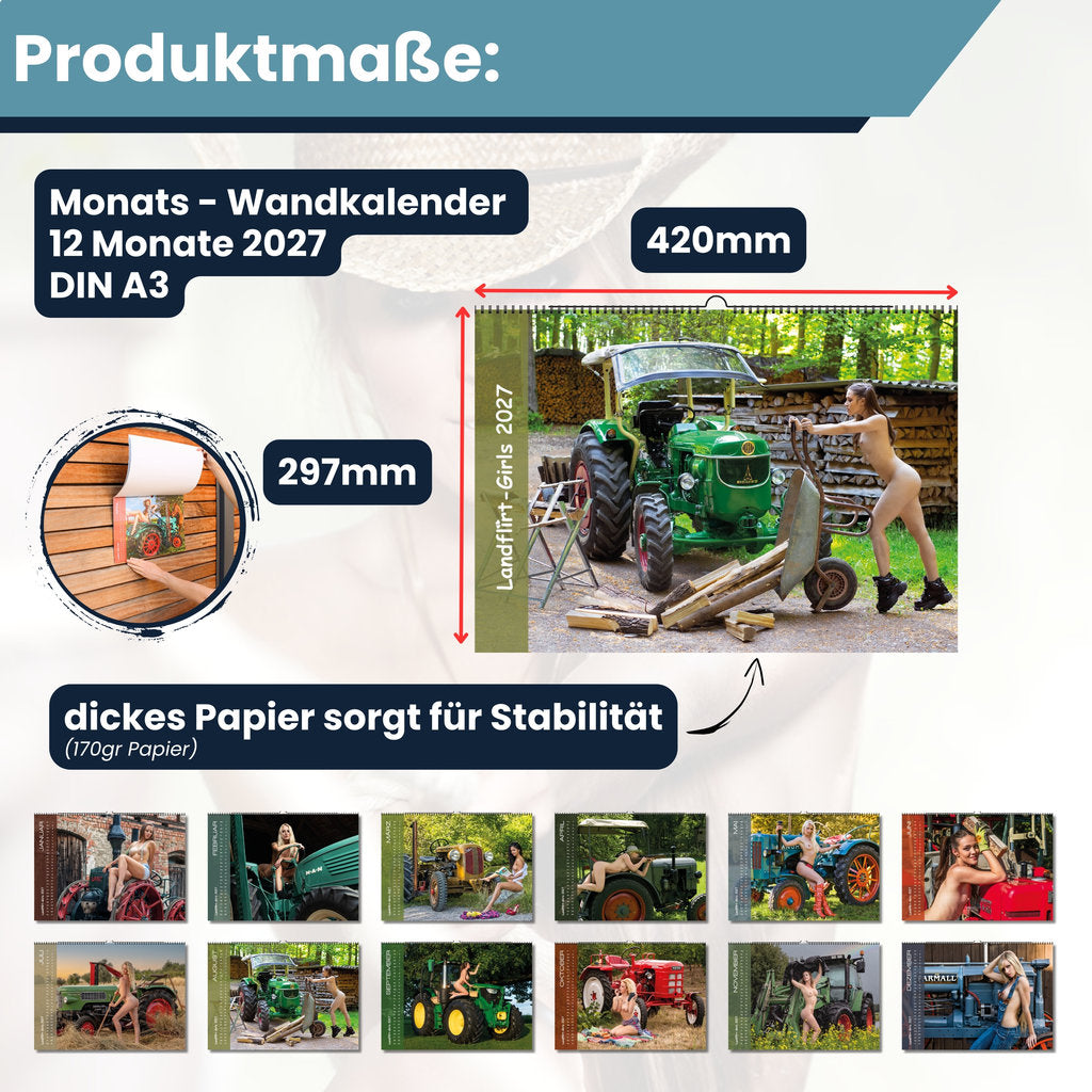 Landflirt Kalender 2027 – Traktor Wandkalender mit schönen Oldtimern und Frauen Bäuerinnen im DIN A3 Format. Geschenk zu Weihnachten